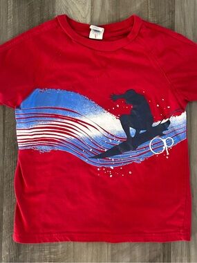 OP Red Tee with Blue & Navy Surf Graphic